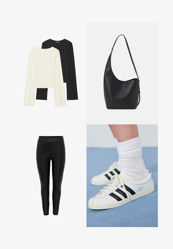 Ensemble de deux hauts à manches longues en blanc et noir. Texture côtelée, col rond, design ajusté avec des manches légèrement évasées.; Leggings noirs avec une texture lisse et brillante, dotés d'une large ceinture élastique et d'un ajustement slim descendant jusqu'aux chevilles.; Baskets blanches en cuir avec des rayures noires, semelle crème et lacets clairs. Portées avec des chaussettes blanches côtelées, positionnées sur un fond bleu.; Sac hobo en cuir noir avec une texture lisse, une forme incurvée et une seule sangle réglable ; dispose d'une large ouverture en haut.