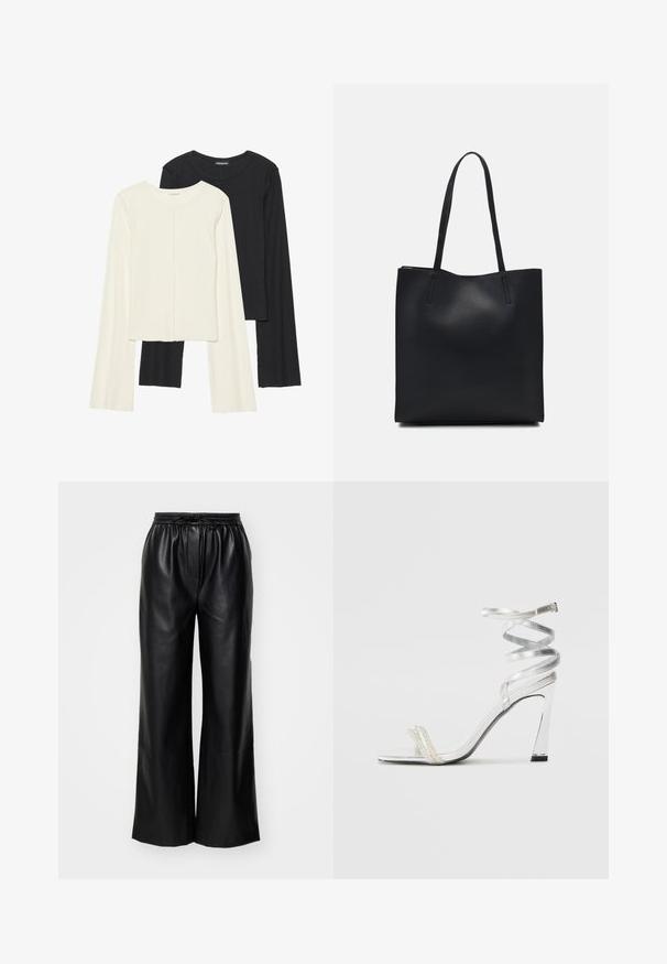 Conjunto de duas blusas de manga longa em branco e preto. Textura canelada, decote redondo, design ajustado com mangas ligeiramente evasê.; Calças largas de couro preto com cintura elástica e cordão ajustável; textura suave com um design limpo e minimalista.; Sandalha de salto alto prateada com um design de tira brilhante, apresentando um detalhe semelhante a uma pérola e uma tira de tornozelo espiralada para um ajuste seguro.; Bolsa tote preta em couro com textura lisa, forma retangular e duas alças longas. Sem hardware ou enfeites visíveis.