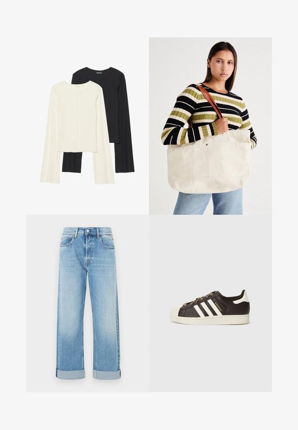 Súprava dvoch dlhých rukávov v bielej a čiernej farbe. Žebrovaná textúra, okrúhly výstrih, priliehavý strih s mierne rozšírenými rukávmi.; Svetlomodré denimové džínsy so strihom rovného nohavice, ktoré majú päť vreciek, gombíkový zapínanie a zvinuté manžety na spodnom okraji.; Nízke tenisky Adidas Superstar z tmavohnedej kože s béžovou špičkou, bielymi pruhmi a nápisom „Superstar“ na boku.; Veľká béžová plátená taška s hnedými koženými popruhmi, ktorá sa vyznačuje minimalistickým dizajnom a viditeľnými opatreniami šitia.