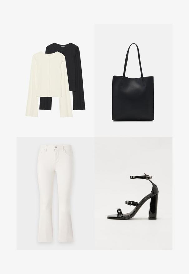 Set di due maglie a maniche lunghe, bianche e nere. Texture a coste, scollo tondo, design aderente con maniche leggermente svasate.; Jeans bianchi a palazzo in denim con vita aderente, cinque tasche e chiusura con zip frontale. Texture liscia e design pulito.; Sandali con tacco in vernice nera, con punta squadrata, cinturini alla caviglia e fibbie in argento. Presentano un tacco a blocco spesso per maggiore stabilità.; Borsa tote in pelle nera con texture liscia, forma rettangolare e due manici lunghi. Nessun hardware o decorazione visibile.