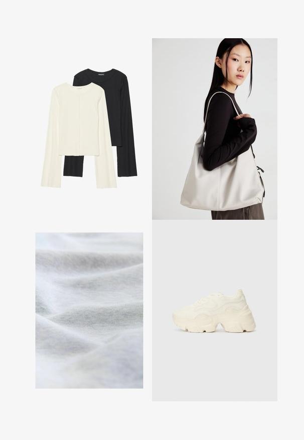 Set od dvije duge majice s dugim rukavima u bijeloj i crnoj boji. Rebrasta tekstura, okrugli izrez, uski kroj s blago raširenim rukavima.; Mekani, svijetlosivi pamučni materijal s vidljivom finom pletivom teksturom i nježnim nabranjima koja stvaraju suptilne sjene.; Masivne bijele tenisice od teksturirane mreže i sintetičkih materijala, sa debelim potplatom i složenim uzorcima duž strana.; Bežna torba od mekog materijala s opuštenim dizajnom, šivanim detaljima i dva remena za rame. Pogodna za svakodnevnu upotrebu.