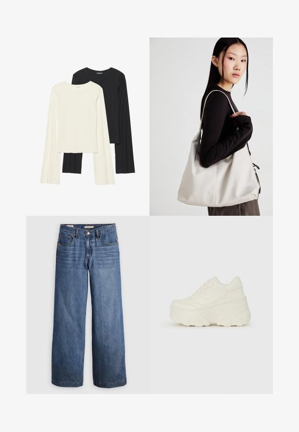 Dviejų ilgomis rankovėmis marškinėlių rinkinys, baltas ir juodas. Raukšlėta tekstūra, apvalus kaklas, prigludusi forma su šiek tiek platėjančiomis rankovėmis.; Mėlynos džinsinės plačių kojų kelnės, turinčios aukštą liemenį, penkis kišenes ir kontrastingą oranžinį siūlų dygsniavimą. Lygus paviršius, be papuošimų.; Baltos platformos sportbačiai su lygiu odos primenančiu paviršiumi, apvalia forma, paminkštintu apykakle ir tekstūruotu guminiu padu su ryškiais protektoriais.; Bežinė rankinė, pagaminta iš minkštos medžiagos, turinti laisvą dizainą, siuvinėtas detalės ir dvi petnešos. Tinkama kasdieniam naudojimui.