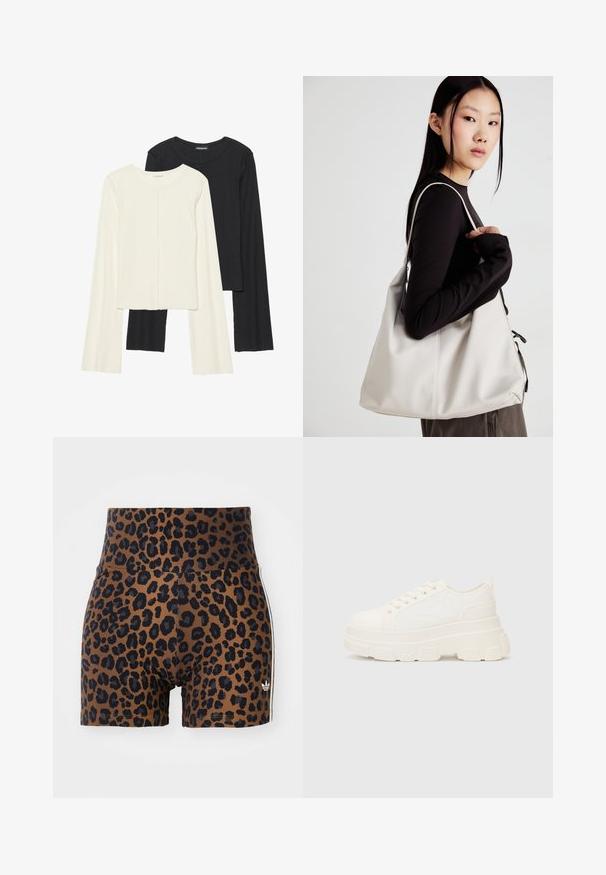 Kaksi pitkähihainen puseroa valkoisena ja mustana. Varren neulos, pyöreä kaulus, tiukka malli, jossa on hieman levenevät hihat.; Shortsit, joissa on leopardi kuosi ruskeana ja mustana, korkea vyötärö ja hillityt valkoiset sivuraitat, valmistettu joustavasta kankaasta.; Valkoinen kangaskenkä paksulla pohjalla, pyöreällä kärjellä ja viidellä nauhakuutiolla. Takareunan vipu helpottaa pukemista. Sileä pinta, minimalistinen muotoilu.; Beige laukku, joka on valmistettu pehmeästä materiaalista, ja siinä on rento muotoilu, ommeltu yksityiskohtia ja kaksi olkahihnaa. Sopii päivittäiseen käyttöön.
