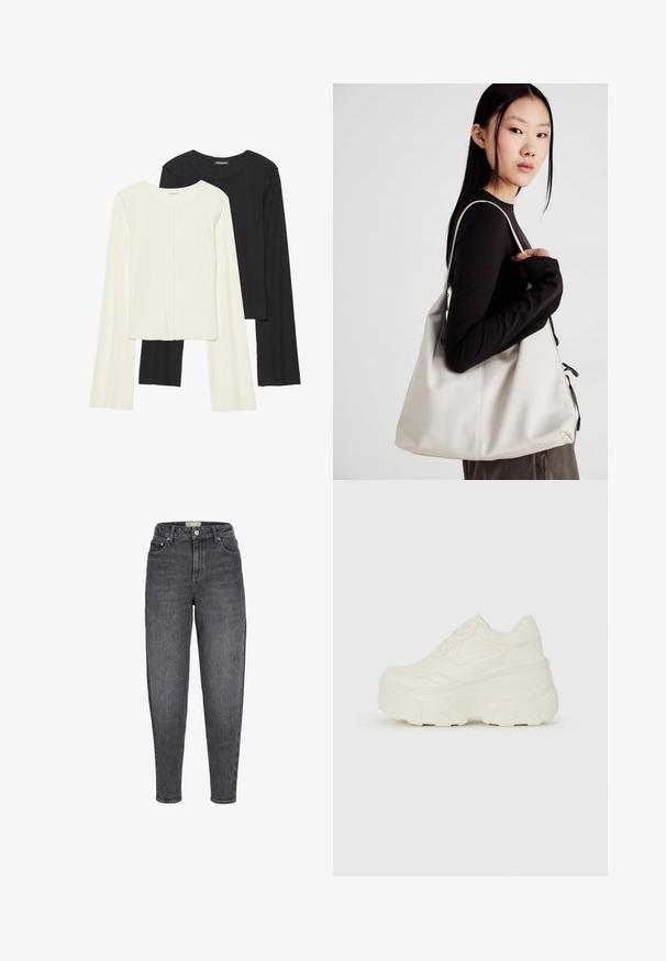 Set de două bluze cu mâneci lungi, una albă și una neagră. Textură ribbată, decolteu rotund, design ajustat cu mâneci ușor evazate.; Jeans din denim negru, cu talie înaltă, spălați, cu închidere cu buton și fermoar, buzunare frontale și posterioare, și croială conică.; Adidași platformă albi, cu un superior neted asemănător cu pielea, formă rotunjită, guler căptușit și talpă din cauciuc texturată cu borduri bine definite.; Geantă bej din material moale, cu un design lejer, detalii cusute și două bretele pentru umăr. Potrivită pentru utilizarea zilnică.