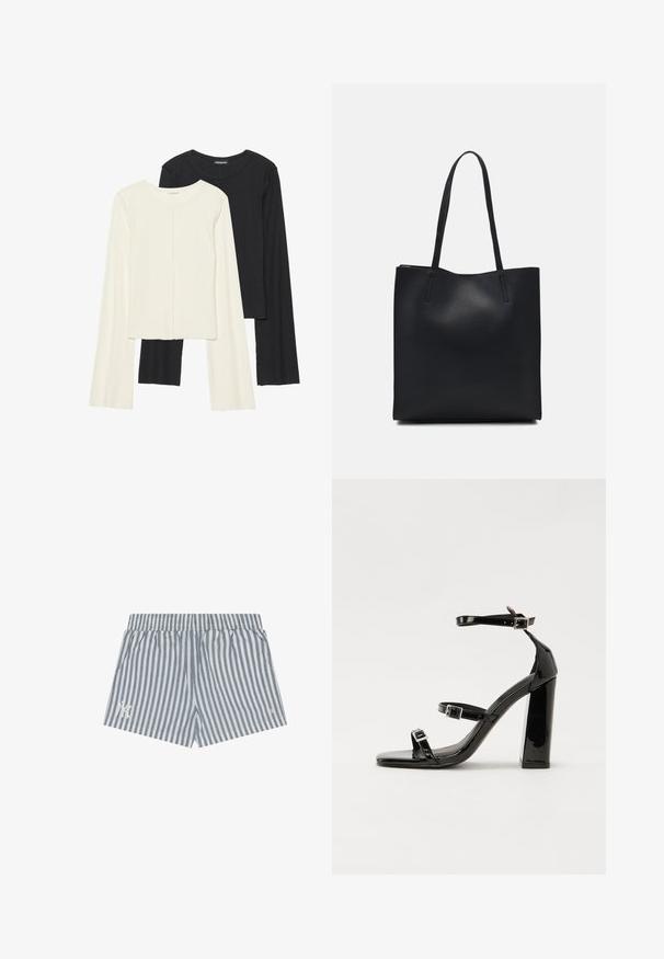 Sett med to langermede topper i hvit og svart. Ribbete tekstur, rund hals, tettsittende design med lett utsvingte ermer.; Stripete shorts i lyseblått og hvitt stoff, med elastisk liv og sidelommer. Diskret logo detalj på venstre ben.; Svart høyglans sandaler med hæl, firkantet tå, ankelremmer og sølvspenner. Har en kraftig blokkhæl for stabilitet.; Svart lær tote bag med glatt tekstur, rektangulær form og to lange håndtak. Ingen synlige deler eller dekorasjoner.