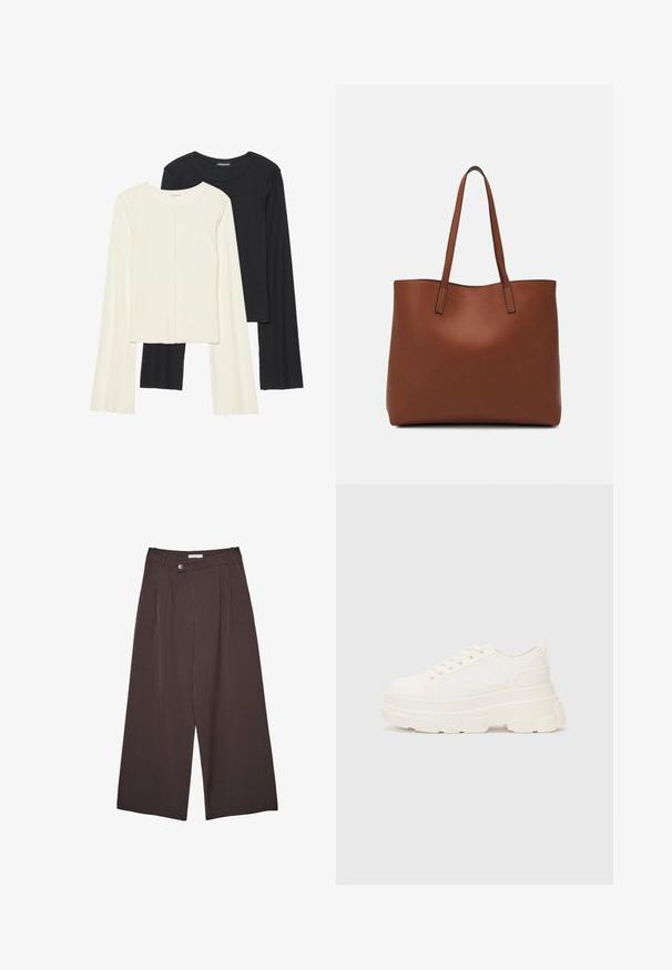 Set of two long-sleeve tops in white and black. Ribbed texture, round neck, fitted design with slightly flared sleeves.; Wide-leg brown pinstripe trousers with a buttoned waistband and belt loops, displayed flat on a white background.; White canvas sneaker with a chunky sole, rounded toe, and five eyelets for laces. Back tab for easy wear. Smooth texture, minimalist design.; Brown leather tote bag with a smooth texture, open top design, and two shoulder straps. Features minimal stitching and no visible hardware.