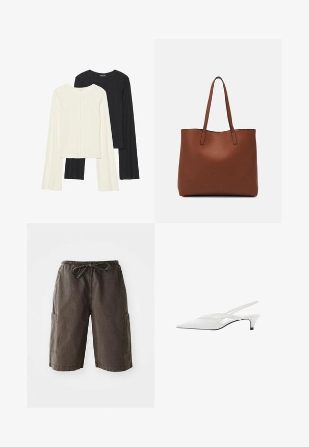 Set aus zwei Langarmoberteilen in Weiß und Schwarz. Rippstruktur, Rundhalsausschnitt, figurbetontes Design mit leicht ausgestellten Ärmeln.; Cargo-Shorts aus dunkelgrauem Stoff, mit elastischem Bund und Kordelzug, Seitentaschen und einem lockeren Schnitt. Robustes Material.; Weißer Slingback-Absatzschuh mit spitzer Zehenpartie, featuring ein glattes Obermaterial, subtile Ausschnitte und einen niedrigen Blockabsatz. Die schwarze Sohle betont das Design.; Braune Leder-Tote mit glatter Textur, offenem Oberteil und zwei Schulterriemen. Verfügt über minimale Nähte und keine sichtbaren Beschläge.