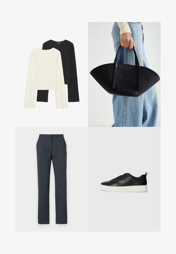 Set of two long-sleeve tops in white and black. Ribbed texture, round neck, fitted design with slightly flared sleeves.; Dark blue trousers with vertical pinstripes, tailored design, smooth texture, straight legs, and a standard waistband.; Black leather sneaker with a smooth finish, white rubber sole, round toe, and lace-up design. Features a pull tab at the heel.; Black leather handbag with a unique fan shape, featuring flat handles. The surface has a pebbled texture and a minimalistic design.