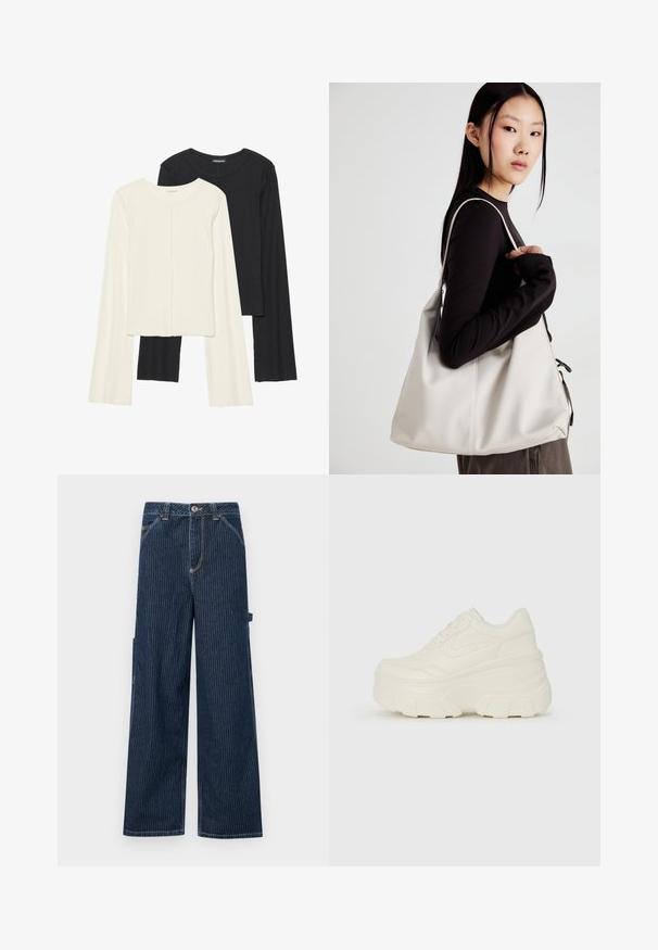 Kaksik Eri pikkusega valge ja musta värvi pikkade varrukatega topsi. Ribikstruktuur, ümar kaelus, lihav disain, veidi laienevate varrukatega.; Sinine denim kangutasku püksid vertikaalsete valgete triipudega, laia sääre lõikega, ees- ja küljetaskutega ning nähtava nupukinnitusega.; Valged platvormi tõusukingad, millel on siledast nahast meenutav pealis, ümar kuju, pehmendatud kaelus ja tekstureeritud kummitald koos selgete hüdrofoobsete mustritega.; Bež käekott pehme materjali, millel on lõtv disain, õmblustega detailid ja kaks õlarihma. Sobib igapäevaseks kasutamiseks.