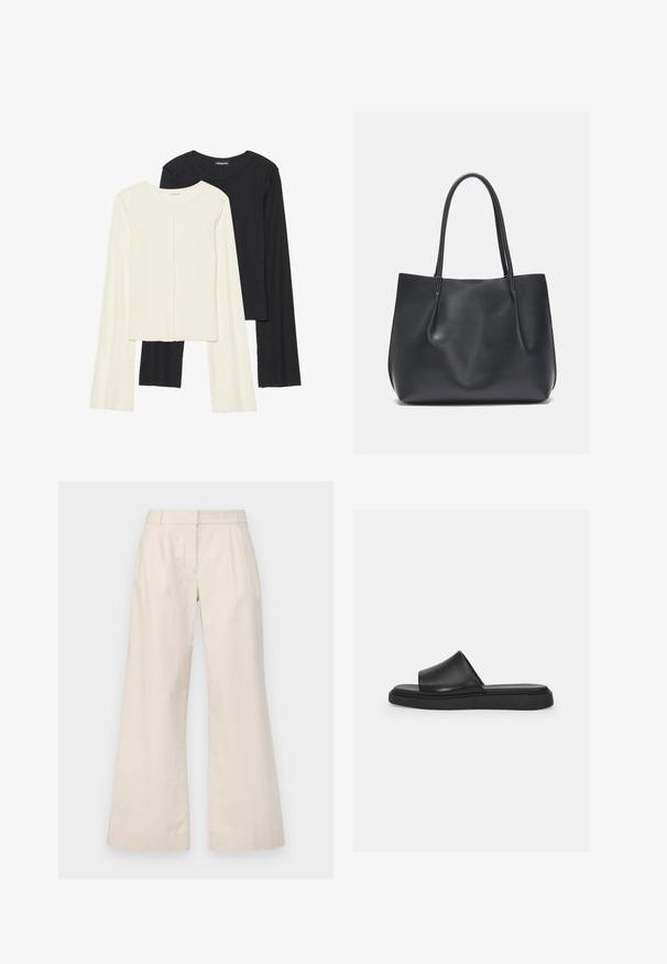 Súprava dvoch dlhých rukávov v bielej a čiernej farbe. Žebrovaná textúra, okrúhly výstrih, priliehavý strih s mierne rozšírenými rukávmi.; Béžové široké nohavice vyrobené z ľahkého materiálu, s plochým predu, dvoma záhybmi a čistým, minimalistickým dizajnom.; Čierne šlapky s hladkým koženým zvrškom, širokým pásom a plochou gumovou podrážkou, ktoré sa vyznačujú minimalistickým dizajnom a bez viditeľného kovania.; Čierna kožená taška s dvoma dlhými ušami, hladkou textúrou a jemným siluetou. Žiadne viditeľné kovanie ani vzory.