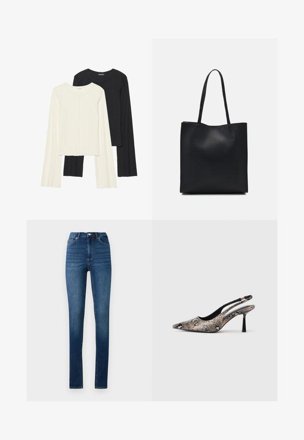 Kaksik Eri pikkusega valge ja musta värvi pikkade varrukatega topsi. Ribikstruktuur, ümar kaelus, lihav disain, veidi laienevate varrukatega.; Keskesinise denimi kõrge talje ja kitsaste jalgadega teksad, klassikalise viie taskuga stiilis ning nupuga sulgemine.; Kitsas varvusega slingback kingad, mis on valmistatud tekstuuriga maosarnase materjali toel, omavad saledat musta kõrget kontsa ja lõikega disaini külgedel.; Mustast nahast kott sujuva tekstuuriga, ristkülikukujuline ja kahe pika sangaga. Pole nähtavat riistvara ega kaunistusi.