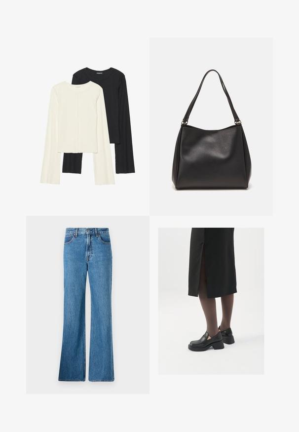 Kaksik Eri pikkusega valge ja musta värvi pikkade varrukatega topsi. Ribikstruktuur, ümar kaelus, lihav disain, veidi laienevate varrukatega.; Heledad sinine denimist laienevad teksad, millel on kõrge vöökoht, eesmine taskud ja klassikaline õmblus. Kangas on tekstuurse viimistlusega.; Mustad mustad jalatsid ümmarguse varbaga, paksu plokkniidi ja elastsete külgdetailidega, kombineeritud tumedate sukkade ja musta lõhikuga seelikuga.; Mustmust mustrahnaga, millel on pehme tekstuur, hobo kuju ja kaks õlavarre rihma; sisaldab läikivat viimistlust ja minimalistikku disaini.