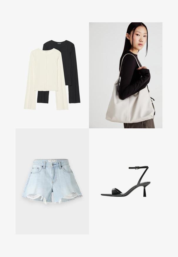 Kaksi pitkähihainen puseroa valkoisena ja mustana. Varren neulos, pyöreä kaulus, tiukka malli, jossa on hieman levenevät hihat.; Vaaleansiniset farkkishortsit, joissa on revitty helma, rispaantuneet reunat ja klassinen viisi taskua -suunnittelu. Varustettu metallinappulalla ja vetoketjulla.; Bershka Korolliset sandaalit - black; Beige laukku, joka on valmistettu pehmeästä materiaalista, ja siinä on rento muotoilu, ommeltu yksityiskohtia ja kaksi olkahihnaa. Sopii päivittäiseen käyttöön.