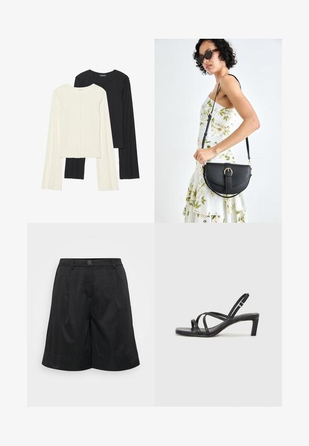 Sett med to langermede topper i hvit og svart. Ribbete tekstur, rund hals, tettsittende design med lett utsvingte ermer.; Sorte shorts med strukturert stoff, med frontlukking med knapp, legg, oppbrettede hemmer og sidelommer.; Sorte sandaler med stropper, firkantet tå og lav blokk hæl. Har flere tynne stropper og en justerbar ankelstropp. Laget av glatt lær.; Svart lærveske med en buet form, avtagbar stropp og gullbeslag. Vesken har et klaff med spenne-detall.