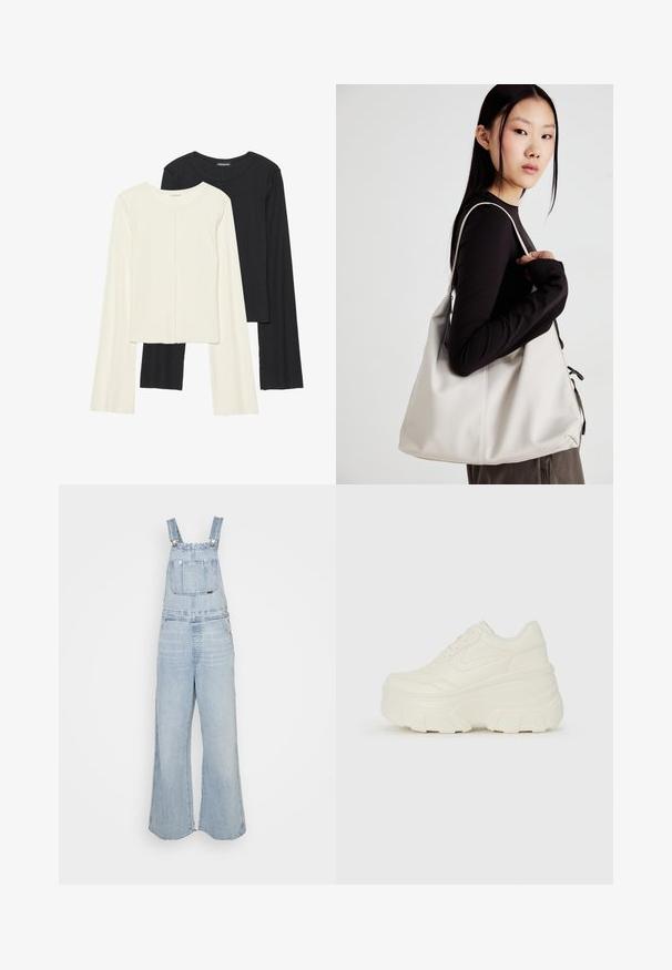 Conjunto de duas blusas de manga longa em branco e preto. Textura canelada, decote redondo, design ajustado com mangas ligeiramente evasê.; Salopete de denim azul claro com pernas largas, alças ajustáveis, bolso frontal e bolsos laterais. Textura desgastada em todo o tecido.; Tênis brancos de plataforma com um cabedal suave semelhante a couro, formato arredondado, colarinho acolchoado e sola de borracha texturizada com ranhuras bem definidas.; Uma bolsa bege feita de material macio, com um design descontraído, detalhes de costura e duas alças para o ombro. Adequada para uso diário.