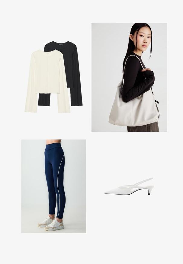 Set van twee longsleeve tops in wit en zwart. Geribbelde textuur, ronde hals, aansluitend ontwerp met licht uitlopende mouwen.; Marineblauwe legging met een hoge tailleband, voorzien van een witte zijpijpdetail, gemaakt van rekbaar materiaal. Gecombineerd met witte en beige sneakers.; Witte slingback hak met spitse neus, voorzien van een gladde bovenkant, subtiele uitsparingen en een lage blokhak. Zwarte zool accentueert het ontwerp.; Beige handtas gemaakt van zacht materiaal, met een slonzig ontwerp, gestikte details en twee schouderbanden. Geschikt voor dagelijks gebruik.