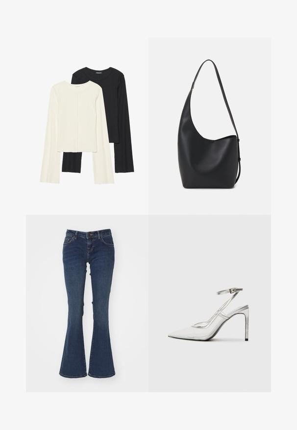 Set od dvije duge majice s dugim rukavima u bijeloj i crnoj boji. Rebrasta tekstura, okrugli izrez, uski kroj s blago raširenim rukavima.; Plave traperice s flared krojem izrađene od pamuka, s srednjim strukom, pet džepova i kontrastnim šavovima duž šavova.; Prozirna štikla s oštrim vrhom, prozirni materijal, metalik srebrni detalji i podesiva narukvica oko gležnja.; Crna kožna hobo torba s glatkom teksturom, zakrivljenim oblikom i jednom podesivom trakicom; ima širok otvor na vrhu.