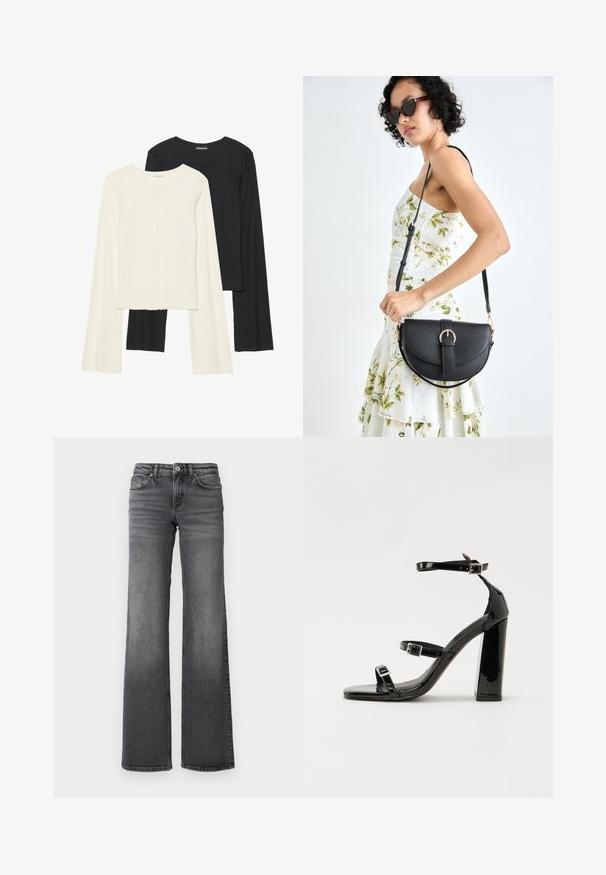 Sett med to langermede topper i hvit og svart. Ribbete tekstur, rund hals, tettsittende design med lett utsvingte ermer.; Mørkegrå jeans med rett ben og lett falming på lårene, samt standard femlommers design, mot en hvit bakgrunn.; Svart høyglans sandaler med hæl, firkantet tå, ankelremmer og sølvspenner. Har en kraftig blokkhæl for stabilitet.; Svart lærveske med en buet form, avtagbar stropp og gullbeslag. Vesken har et klaff med spenne-detall.