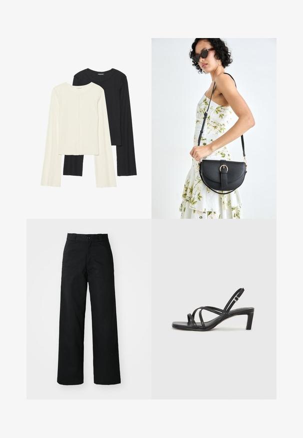 Dviejų ilgomis rankovėmis marškinėlių rinkinys, baltas ir juodas. Raukšlėta tekstūra, apvalus kaklas, prigludusi forma su šiek tiek platėjančiomis rankovėmis.; Juodos plačios kelnės su plokščiu priekiu, mygtuko uždarymu ir diržo kilpomis. Pagamintos iš tvirtos medžiagos su lygiu paviršiumi.; Juodi šlepetės su kvadratiniu pirštu ir žemu bloku kulnu. Yra keli ploni dirželiai ir reguliuojamas kulkšnies diržas. Pagaminti iš lygios odos.; Juodas odinis krepšys su išlenkta forma, nuimamu dirželiu ir auksiniais detalėmis. Krepšys turi kilpą su sagtimi.