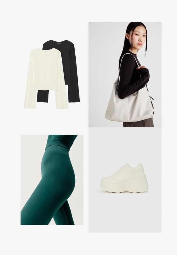 Dviejų ilgomis rankovėmis marškinėlių rinkinys, baltas ir juodas. Raukšlėta tekstūra, apvalus kaklas, prigludusi forma su šiek tiek platėjančiomis rankovėmis.; Aukštos juosmens žali leggingai su gebeniškos tekstūros ir bangų raštu; prigludęs dizainas, atitinkantis kūno formas, su akcentiniais siuvimo detalėmis.; Baltos platformos sportbačiai su lygiu odos primenančiu paviršiumi, apvalia forma, paminkštintu apykakle ir tekstūruotu guminiu padu su ryškiais protektoriais.; Bežinė rankinė, pagaminta iš minkštos medžiagos, turinti laisvą dizainą, siuvinėtas detalės ir dvi petnešos. Tinkama kasdieniam naudojimui.