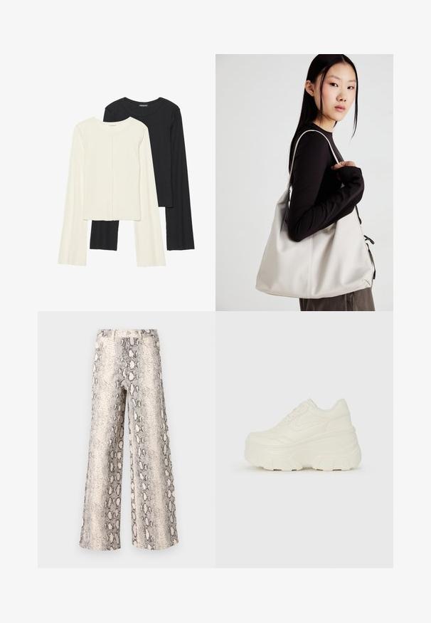 Kaksi pitkähihainen puseroa valkoisena ja mustana. Varren neulos, pyöreä kaulus, tiukka malli, jossa on hieman levenevät hihat.; Viatulehousut, joissa on käärmeennahkakuosi, vaalean kerman ja harmaan väriyhdistelmä, valmistettu tekstuurilla varustetusta kankaasta ja korkeavyötäröisestä muotoilusta.; Valkoiset tasapohjakengät, joissa on sileä nahkamainen päällinen, pyöristetty muoto, pehmustettu nilkkaosa ja texturoitu kumipohja, jossa on hyvin määritellyt urat.; Beige laukku, joka on valmistettu pehmeästä materiaalista, ja siinä on rento muotoilu, ommeltu yksityiskohtia ja kaksi olkahihnaa. Sopii päivittäiseen käyttöön.