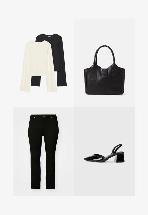 Nabor dveh dolgih rokavov v beli in črni barvi. Žameten vzorec, okrogla ovratnica, prilegajoča zasnova z rahlo razširjenimi rokavi.; Črne jeans hlače s ravnim krojem, petimi žepi, kovinsko gumbom in diskretno šivnimi podrobnostmi. Gladek material, vsestranski stil.; Črne lakirane slingback pete s koničastim nosom in geometrijsko blokasto peto. Imajo eleganten, minimalističen dizajn in gladko teksturo.; Črna usnjena torba s gladko teksturo, strukturirano obliko, dvema ročkama in izrazitim srebrnim sponko na sprednji strani.