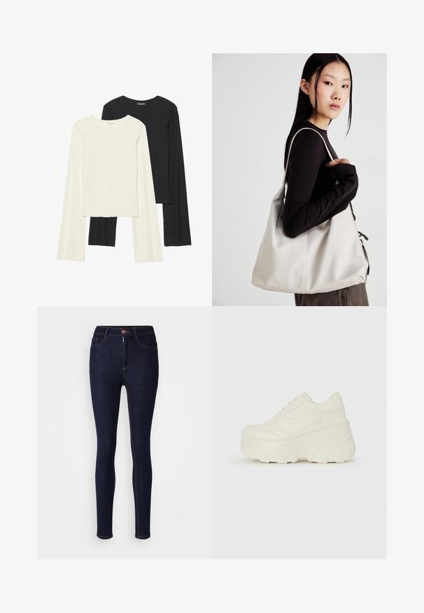 Sett med to langermede topper i hvit og svart. Ribbete tekstur, rund hals, tettsittende design med lett utsvingte ermer.; Mørkeblå skinny jeans laget av denim, med glidelås og knappelukking, og kontrastsømmer langs sømmene.; Hvite plattformsnickers med en glatt læraktig overdel, avrundet form, polstret krage og teksturert gummisåle med tydelige dekk.; Beige håndveske laget av mykt materiale, med en slapp design, sydd detaljer og to skulderstropper. Passer for daglig bruk.