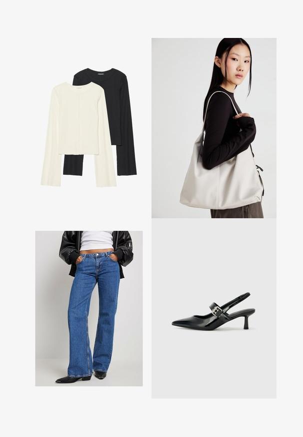 Dviejų ilgomis rankovėmis marškinėlių rinkinys, baltas ir juodas. Raukšlėta tekstūra, apvalus kaklas, prigludusi forma su šiek tiek platėjančiomis rankovėmis.; Mėlynos džinsinės kelnės su tiesiu pjūviu, vidutinio plovimo, penkių kišenių dizainu ir subtiliu siuvinėjimu. Dėvimos su balta palaidine ir juoda striuke.; Juodai lakuoti slingback aukštakulniai su smailiu kojų pirštu ir mažais blokiniais kulniukais, su sidabro sagtimi ant dirželio.; Bežinė rankinė, pagaminta iš minkštos medžiagos, turinti laisvą dizainą, siuvinėtas detalės ir dvi petnešos. Tinkama kasdieniam naudojimui.