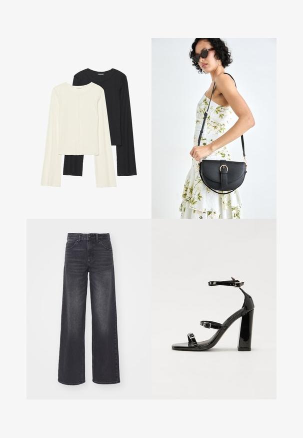 Zestaw dwóch bluzek z długim rękawem w kolorze białym i czarnym. Prążkowana struktura, okrągły dekolt, dopasowany fason z lekko rozszerzanymi rękawami.; Ciemnoszare spodnie dżinsowe o szerokim kroju, wykonane z denimu, z wysokim stanem, pięcioma kieszeniami i subtelnym detalem w postaci przetarć z przodu.; Czarne lakierowane sandały na wysokim obcasie, z dwoma paskami zapinanymi na klamry, kwadratowy nosek i masywny obcas typu słupek, o gładkiej, błyszczącej fakturze.; Czarna skórzana torebka o zakrzywionym kształcie, z odpinanym paskiem i złotymi akcentami. Torebka posiada klapę z zapięciem w kształcie klamry.