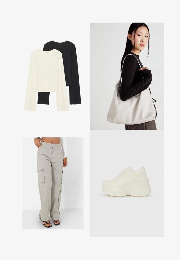 Sæt med to langærmede toppe i hvid og sort. Ribbet tekstur, rund halsudskæring, tætsiddende design med let udvidede ærmer.; Bukser i let beige farve, lavet af et slidstærkt materiale. Har brede ben, flere sidelommer og en afslappet pasform med hardware detaljer.; Hvide platform sneakers med en glat læderlignende overdel, rund form, polstret krave og struktureret gummisål med definerede riller.; Beige håndtaske lavet af blødt materiale med et slouchy design, stikninger og to skulderremme. Velegnet til daglig brug.