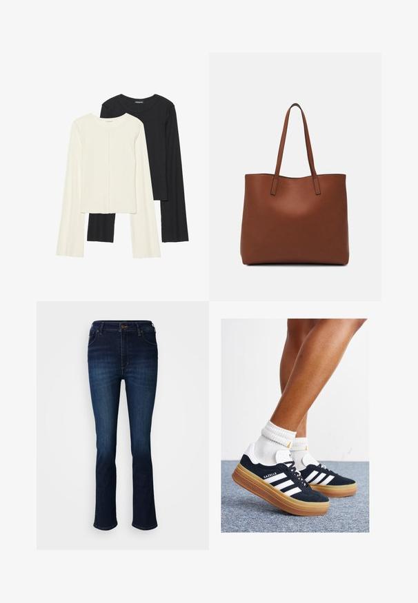 Conjunto de duas blusas de manga longa em branco e preto. Textura canelada, decote redondo, design ajustado com mangas ligeiramente evasê.; Jeans de ganga azul escuro com um design de perna direita. Apresentam um fecho de botão, cinco bolsos e um desbotamento subtil para variação de textura.; Ténis de camurça preta com riscas e detalhes brancos, biqueira arredondada, sola em borracha cor de goma, combinados com meias brancas caneladas até à altura do tornozelo.; Bolsa tote de couro castanho com uma textura suave, design de abertura superior e duas alças para o ombro. Apresenta costura mínima e sem hardware visível.