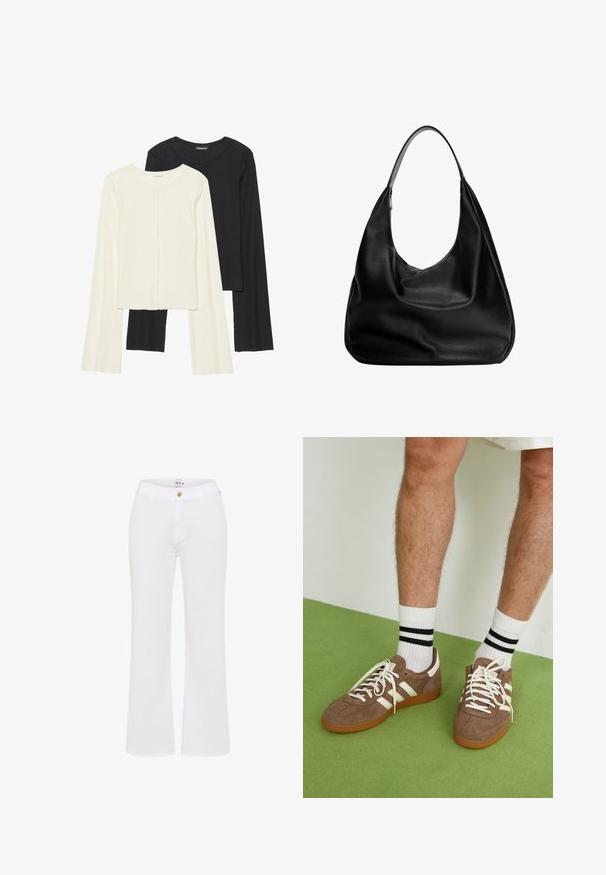 Set aus zwei Langarmoberteilen in Weiß und Schwarz. Rippstruktur, Rundhalsausschnitt, figurbetontes Design mit leicht ausgestellten Ärmeln.; Weiße, ausgestellte Hosen aus Baumwolle mit einem Knopfverschluss vorne und Gürtelschlaufen, die eine glatte Textur und ein tailliertes Design aufweisen.; Braune Wildleder-Sneaker mit weißen Akzenten und Schnürsenkeln. Gummisohle in Kautschuk-Optik. Getragen mit weißen Socken, die schwarze Streifen haben. Grüner strukturierter Fußboden.; Schwarze Leder-Hobo-Tasche mit einem lässigen Design, breitem Schultergurt und glatter Textur. Verfügt über einen seitlichen Reißverschluss.