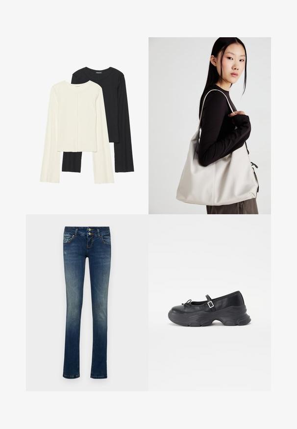 Conjunto de dos camisetas de manga larga en blanco y negro. Textura acanalada, cuello redondo, diseño ajustado con mangas ligeramente acampanadas.; Pantalones vaqueros de denim azul con un corte ajustado, que presentan un cierre de dos botones, lavado descolorido y ligeros detalles desgastados en los bolsillos frontales.; Zapato Mary Jane de cuero negro con punta redondeada, detalle de lazo y correa ajustable en el tobillo. Presenta una suela de goma gruesa con acentos curvados.; Bolso de mano beige hecho de material suave, con un diseño holgado, detalles cosidos y dos asas. Adecuado para uso diario.