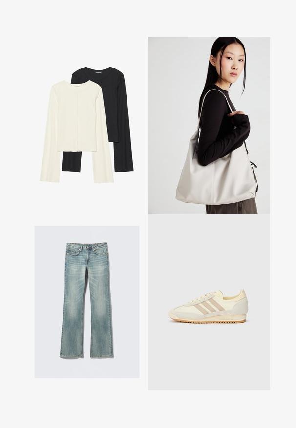 Zestaw dwóch bluzek z długim rękawem w kolorze białym i czarnym. Prążkowana struktura, okrągły dekolt, dopasowany fason z lekko rozszerzanymi rękawami.; Jasnoniebieskie dżinsy z lekkim przetarciem, pięć kieszeni, zapięcie na guzik i proste nogawki na białym tle.; Kremowe sportowe sneakersy z trzema beżowymi paskami, wykonane z zamszu i materiałów tekstylnych, z teksturowaną podeszwą oraz wytłoczonym logo na pięcie.; Beżowa torebka wykonana z miękkiego materiału, charakteryzująca się luźnym fasonem, wyszywanymi detalami i dwoma uchwytami na ramię. Idealna na co dzień.