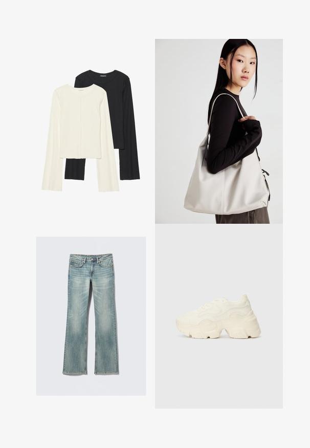 Zestaw dwóch bluzek z długim rękawem w kolorze białym i czarnym. Prążkowana struktura, okrągły dekolt, dopasowany fason z lekko rozszerzanymi rękawami.; Jasnoniebieskie dżinsy z lekkim przetarciem, pięć kieszeni, zapięcie na guzik i proste nogawki na białym tle.; Podeszwa chunky białych sneakersów wykonana z teksturowanej siateczki i materiałów syntetycznych, z grubą podeszwą i skomplikowanymi detalami wzoru po bokach.; Beżowa torebka wykonana z miękkiego materiału, charakteryzująca się luźnym fasonem, wyszywanymi detalami i dwoma uchwytami na ramię. Idealna na co dzień.