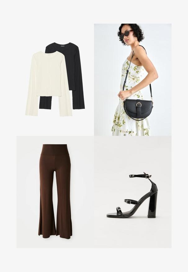 Kaksi pitkähihainen puseroa valkoisena ja mustana. Varren neulos, pyöreä kaulus, tiukka malli, jossa on hieman levenevät hihat.; Korkeavyöriset, leveälahkeiset ruskeat housut, joissa on sileä pinta, suunniteltu rentoon istuvuuteen ja mukavaan käyttöön.; Musta kiiltävä korkokenkä sandaalit neliönmuotoisella varpaalla, nilkkaremmillä ja hopeisilla soljilla. Varustettu tukevalla lohkokorkealla vakauden takaamiseksi.; Musta nahkainen käsilaukku, joka on kaareva muotoilultaan, irrotettavalla hihnalla ja kultaisilla yksityiskohdilla. Laukussa on läppä, jossa on solk yksityiskohta.