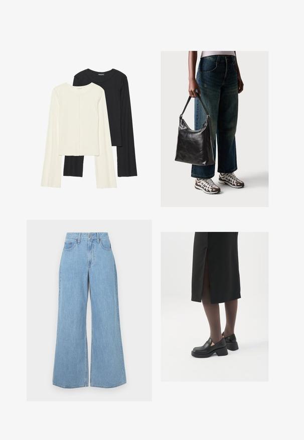 Két darabból álló hosszú ujjú felsők szettje fehér és fekete színben. Bordás textúra, kerek nyakkivágás, testhez simuló fazon, enyhén bővülő ujjakkal.; Világos kék, bő szárú farmernadrág, magas derekú, elülső zsebekkel és nyers széllel, amely enyhe kopással és textúrált felülettel rendelkezik.; Fekete bőr cipők lekerekített orral, vastag blokk sarkakkal és elasztikus oldalsó díszítésekkel, sötét harisnyával és hasítékkal ellátott fekete szoknyával párosítva.; Fekete bőr válltáska sima textúrával és állítható pánttal, melyet elnyűtt, bő szárú farmernadrággal és sportcipőkkel párosítottak.