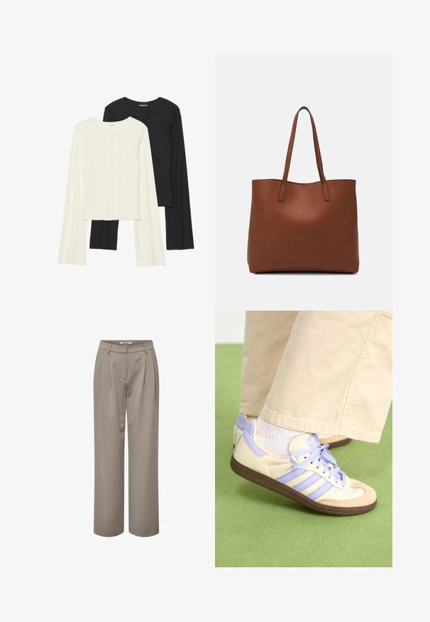 Set van twee longsleeve tops in wit en zwart. Geribbelde textuur, ronde hals, aansluitend ontwerp met licht uitlopende mouwen.; Lichtbruine wijde broek met plooien, een zachte textuur en een schone taillebandontwerp. Eenvoudig en veelzijdig voor verschillende outfits.; Crème- en lavendel-sneakers met drie strepen en een gestructureerde bruine zool, voorzien van veters en een gewatteerde hiel. Zachte stoffen bovenkant.; Bruine leren tote bag met een gladde textuur, een ontwerp met een open bovenkant en twee schouderbanden. Kenmerkt zich door minimale stiksels en geen zichtbare hardware.
