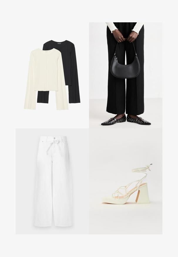 Set of two long-sleeve tops in white and black. Ribbed texture, round neck, fitted design with slightly flared sleeves.; White wide-leg pants made of cotton, featuring a drawstring waist, single button closure, and front pockets. Smooth texture, no patterns.; White high-heeled sandal with a chunky heel, featuring a strappy design and ankle tie. Smooth texture with a platform front for added height.; Black leather shoulder bag with a rounded shape, glossy finish, and silver hardware. Person wearing black wide-leg pants and studded loafers.