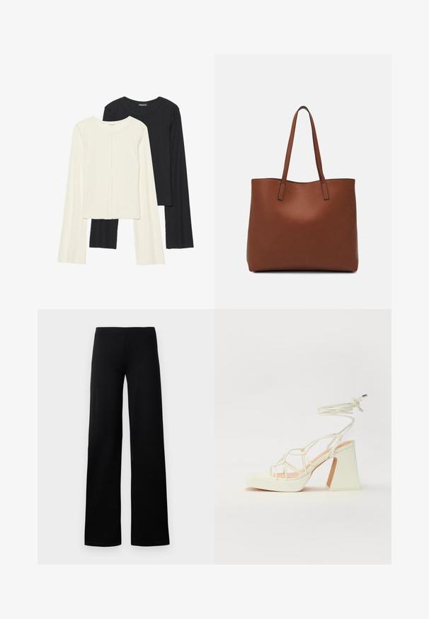 Nabor dveh dolgih rokavov v beli in črni barvi. Žameten vzorec, okrogla ovratnica, prilegajoča zasnova z rahlo razširjenimi rokavi.; Črne široke hlače iz gladkega, raztegljivega_materiala z brezšivnim elastičnim pasom in brez vidnih žepov ali okrasnih dodatkov.; Bela sandala na visokih petah s debelim petam, ki ima obliko trakcev in vezanje okoli gležnja. Gladka tekstura z platformo spredaj za dodatno višino.; Rjava usnjena torba z gladko teksturo, odprto zasnovo zgoraj in dvema naramnima trakovoma. Opremljena je z minimalnim šivanjem in brez vidnih kovinskih delov.