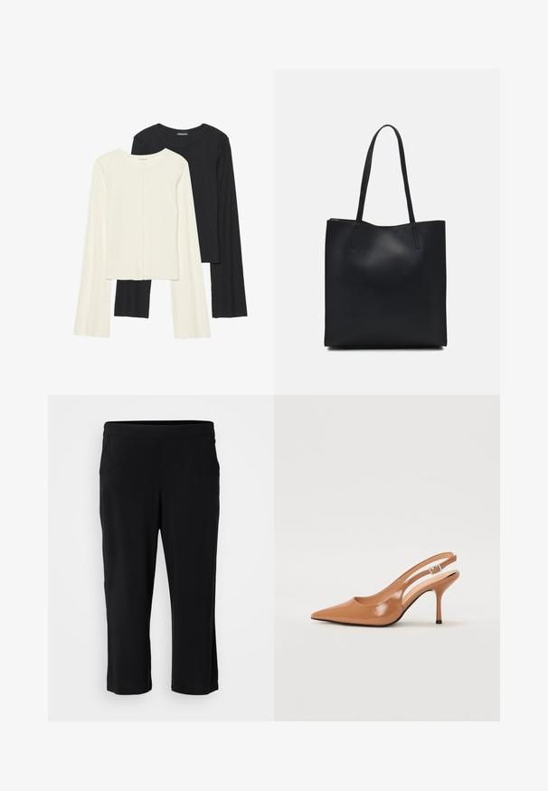 Set aus zwei Langarmoberteilen in Weiß und Schwarz. Rippstruktur, Rundhalsausschnitt, figurbetontes Design mit leicht ausgestellten Ärmeln.; Schwarze, knöchellange Hosen aus weichem, dehnbarem Stoff; mit elastischem Bund und ohne sichtbare Taschen. Glatte Textur ohne Muster.; Spitz zulaufender Slingback-Absatz aus einem glatten, glänzenden, tanfarbenen Material. Mit einem geschwungenen Ausschnitt-Design und einem schlanken Stiletto-Absatz. Silberne Schnallendetails.; Schwarze Laptoptasche aus Leder mit glatter Textur, rechteckiger Form und zwei langen Griffen. Keine sichtbaren Beschläge oder Verzierungen.; Goldene Creolen mit einem glatten, runden Design. Dünn und leicht, mit einem durchgehenden Ring ohne Verzierung.