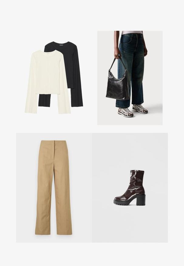 Conjunto de dos camisetas de manga larga en blanco y negro. Textura acanalada, cuello redondo, diseño ajustado con mangas ligeramente acampanadas.; Pantalones rectos beige con frente plano, bolsillos laterales y una tela suave y ligera. Sin patrones visibles ni detalles de hardware.; Botín burdeos brillante hasta el tobillo con un tacón negro grueso, que presenta una textura suave y un diseño sencillo. Sin cierres ni patrones visibles.; Bolso de hombro de cuero negro con una textura suave y correa ajustable, combinado con jeans de pierna ancha desgatados y zapatillas deportivas.