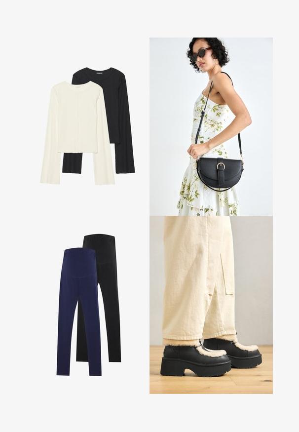 Sett med to langermede topper i hvit og svart. Ribbete tekstur, rund hals, tettsittende design med lett utsvingte ermer.; To par med tights, en marineblå og en svart, med en glatt tekstur og høy midje for en sikker passform.; Sorte plattformstøvler med rund tå, som har en fluffy kremfarget krage og snøre detaljer, kombinert med løse beige bukser på et tregulv.; Svart lærveske med en buet form, avtagbar stropp og gullbeslag. Vesken har et klaff med spenne-detall.