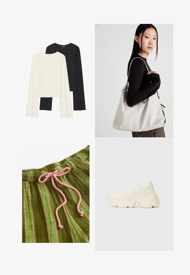 Két darabból álló hosszú ujjú felsők szettje fehér és fekete színben. Bordás textúra, kerek nyakkivágás, testhez simuló fazon, enyhén bővülő ujjakkal.; Zöld csíkos anyag, puha tapintással és rózsaszín zsinórral. Különböző árnyalatú függőleges csíkokkal és ráncolt derékrésszel rendelkezik.; Tömbös fehér sneakers, amely texturált hálóból és szintetikus anyagokból készült, vastag talppal és bonyolult mintázattal az oldalakon.; Puha anyagból készült bézs kézitáska, laza dizájnnal, varrott részletekkel és két vállpánttal. Mindennapi használatra alkalmas.