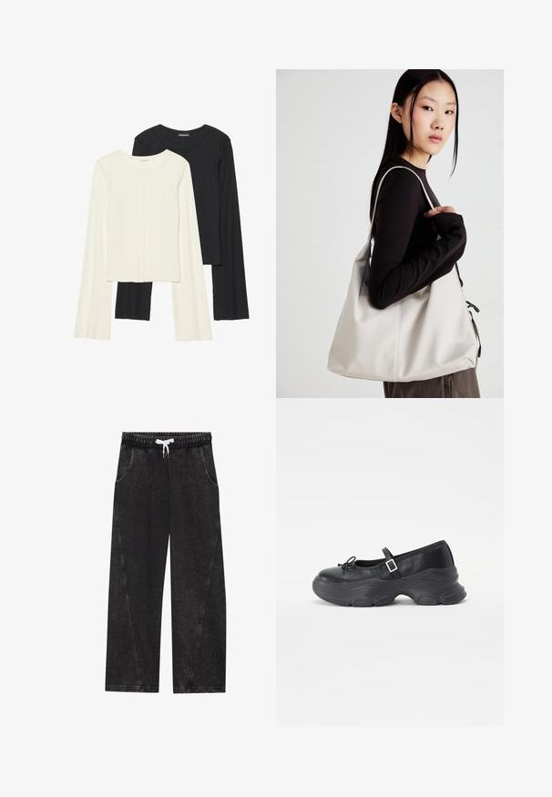 Nabor dveh dolgih rokavov v beli in črni barvi. Žameten vzorec, okrogla ovratnica, prilegajoča zasnova z rahlo razširjenimi rokavi.; Črne široke hlače iz teksturiranega materiala. Imajo elastičen pas z belim vrvico za zategovanje in sprednje žepe z diagonalnimi šivi.; Črne usnjene Mary Jane čevlje z zaobljenim nosom, podrobnostjo v obliki pentlje in nastavljivim gležnjenjskim trakom. Imajo masiven gumijast podplat s konkavnimi detajli.; Bežna torbica iz mehkega materiala, z ohlapno zasnovo, šivi in dvema naramnicama. Primerna za vsakodnevno uporabo.