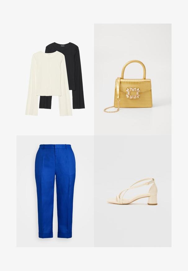 Σέτ δύο μακρυμάνικων μπλουζών σε λευκό και μαύρο. Ριπ υφή, στρογγυλή λαιμόκοψη, εφαρμοστή γραμμή με ελαφρώς φαρδιές μανίκες.; Μπλε λινό παντελόνι με ίσια γραμμή, που διαθέτει λεία υφή, με cuffed τελειώματα και εμπρόσθιες πιέτες για μια κομψή εμφάνιση.; Μπεζ γόβες με τετράγωνη σόλα, λουράκι και ρυθμιζόμενη θηλιά στον αστράγαλο, κατασκευασμένες από λείο συνθετικό υλικό με ματ φινίρισμα.; Κίτρινη τσάντα φουσκωτού κροκοδείλου με δομημένο σχέδιο, επάνω χερούλι, αποσπώμενο αλυσίδα και διακοσμητική κρυστάλλινη επένδυση στο κούμπωμα.