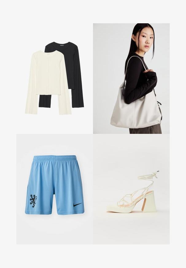 Conjunto de dos camisetas de manga larga en blanco y negro. Textura acanalada, cuello redondo, diseño ajustado con mangas ligeramente acampanadas.; Pantalones cortos deportivos de color azul claro, hechos de una tela transpirable, con un emblema de león negro en la pierna izquierda y un logo negro de Nike en la derecha.; Sandalia de tacón alto blanca con un tacón grueso, que presenta un diseño de tiras y un lazo en el tobillo. Textura suave con una plataforma en la parte delantera para mayor altura.; Bolso de mano beige hecho de material suave, con un diseño holgado, detalles cosidos y dos asas. Adecuado para uso diario.