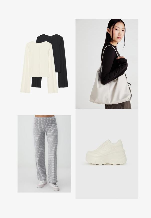 Set di due maglie a maniche lunghe, bianche e nere. Texture a coste, scollo tondo, design aderente con maniche leggermente svasate.; Pantaloni ampi grigi con motivo, dalla trama morbida, caratterizzati da un design ripetitivo in azzurro chiaro e marrone. Abbinati a sneakers bianche.; Sneakers bianchi con piattaforma, caratterizzati da una parte superiore simile alla pelle liscia, forma arrotondata, collo imbottito e suola in gomma testurizzata con scanalature ben definite.; Borsa a mano beige realizzata in materiale morbido, caratterizzata da un design morbido, dettagli cuciti e due manici. Adatta per l'uso quotidiano.
