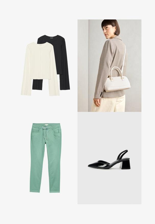 Kaksik Eri pikkusega valge ja musta värvi pikkade varrukatega topsi. Ribikstruktuur, ümar kaelus, lihav disain, veidi laienevate varrukatega.; Mündrohelised püksid, mis on valmistatud pehmest kangast, millel on nööriga vöökoht, kaks esist taskut ja peened õmblusdetailid külgseintes.; Mustad musta lakknahk kingad, millel on terav varvas ja geomeetriline plokkkonts. Omab elegantselt minimalistlikku disaini ja sujuvat tekstuuri.; Valge struktureeritud käekott lühikeste käepidemete ja õlavööga, millel on kuldse riistvara aktsendid ja tekstuuriga materjal, eksponeeritud halli taustal.