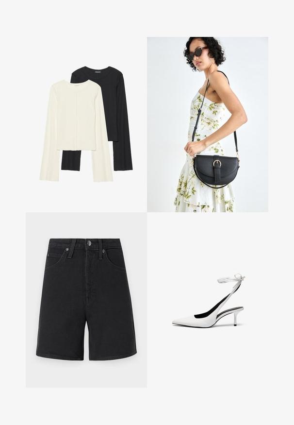 Két darabból álló hosszú ujjú felsők szettje fehér és fekete színben. Bordás textúra, kerek nyakkivágás, testhez simuló fazon, enyhén bővülő ujjakkal.; Fekete farmer rövidnadrág egyenes vonalban, öt zsebes kialakítással, fémből készült gombos záródással és diszkrét varrási részletekkel. Sima szövetfelület, közepes derékmagasság.; Fehér, hegyes orrú, hátsó pánttal ellátott magassarkú cipők vékony boka pánttal. Finom bőrből készült, vékony tűsarkú, és fekete belső béléssel rendelkezik.; Fekete bőrtáska ívelt formával, levehető pánttal és arany színű fémrészekkel. A táskán egy csattal díszített fedél található.